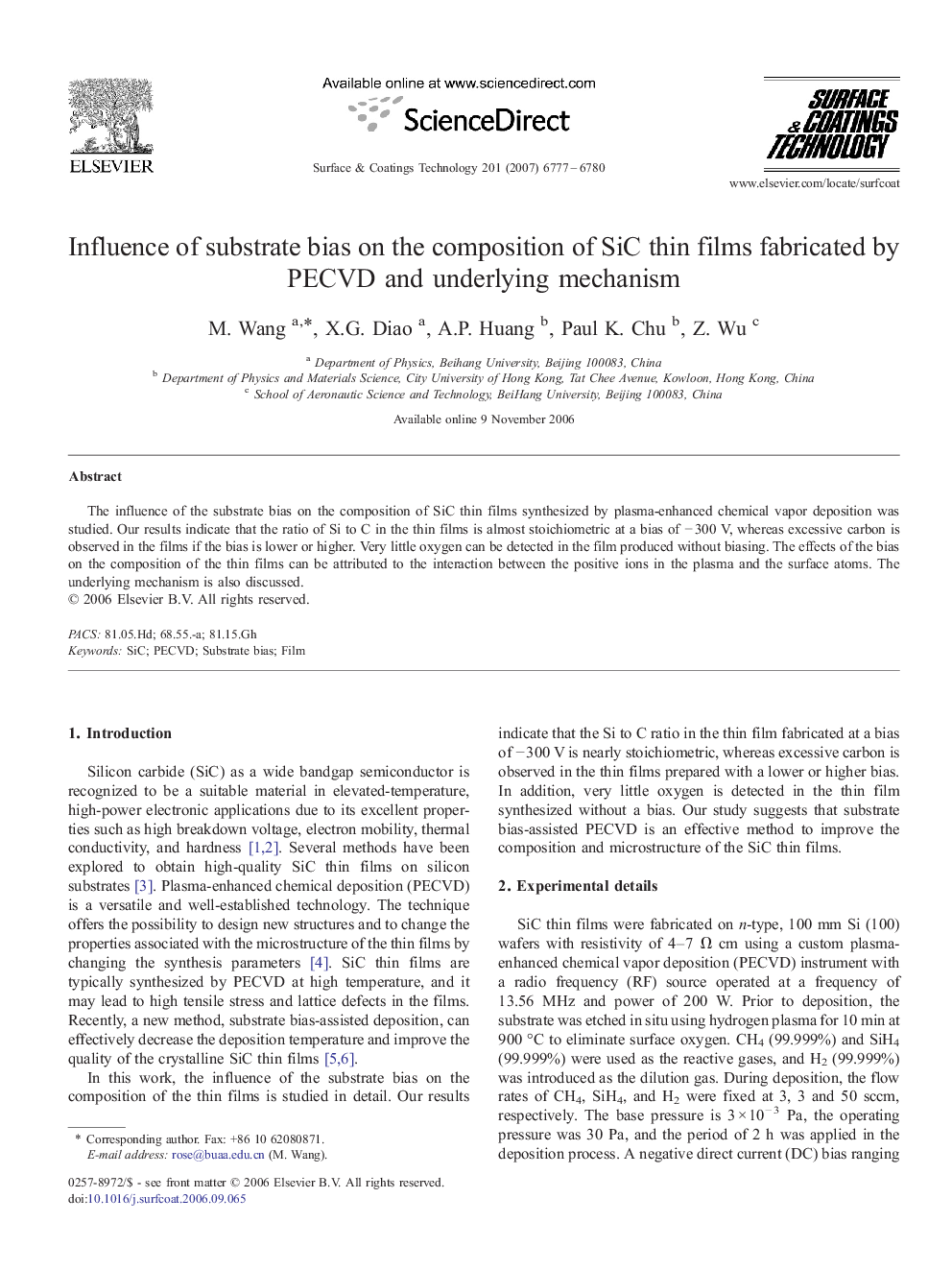 Influence of substrate bias on the composition of SiC thin films fabricated by PECVD and underlying mechanism