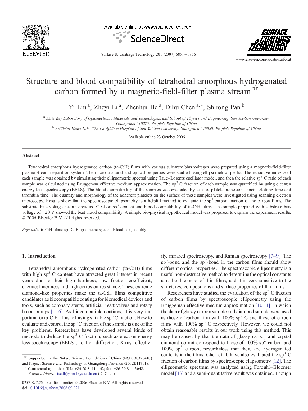 Structure and blood compatibility of tetrahedral amorphous hydrogenated carbon formed by a magnetic-field-filter plasma stream