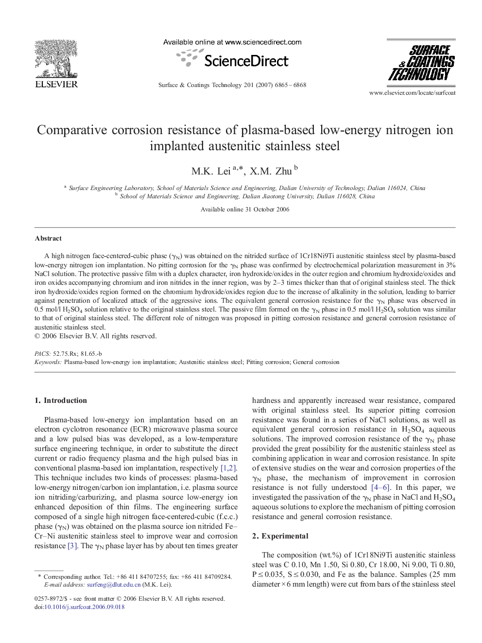 Comparative corrosion resistance of plasma-based low-energy nitrogen ion implanted austenitic stainless steel