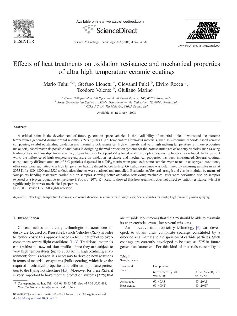 Effects of heat treatments on oxidation resistance and mechanical properties of ultra high temperature ceramic coatings