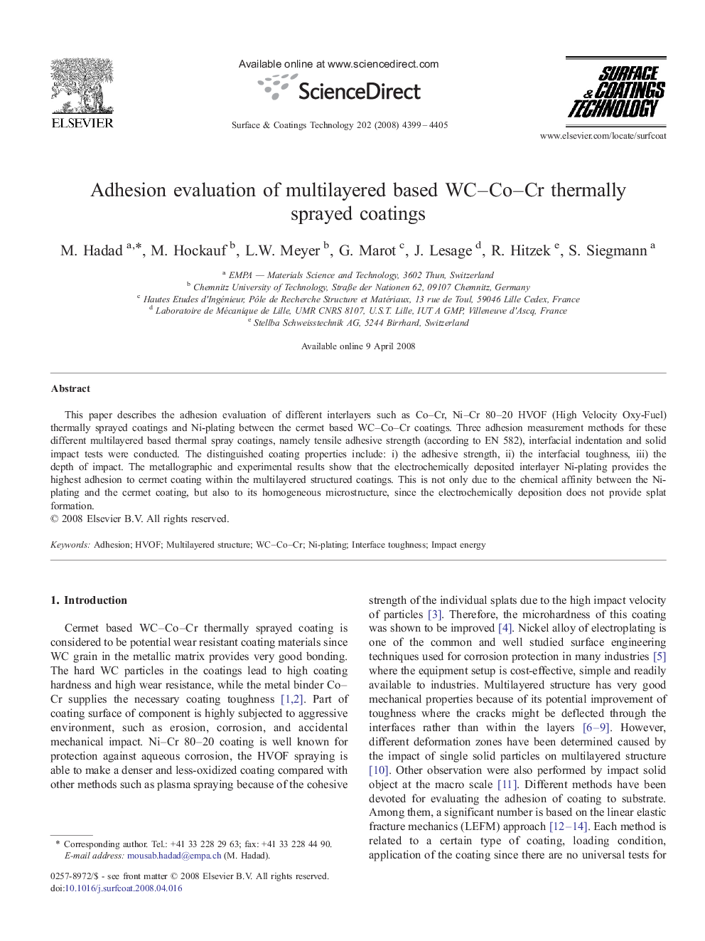 Adhesion evaluation of multilayered based WC–Co–Cr thermally sprayed coatings