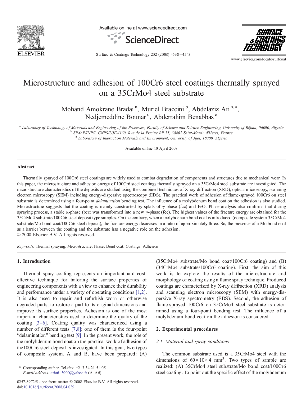 Microstructure and adhesion of 100Cr6 steel coatings thermally sprayed on a 35CrMo4 steel substrate