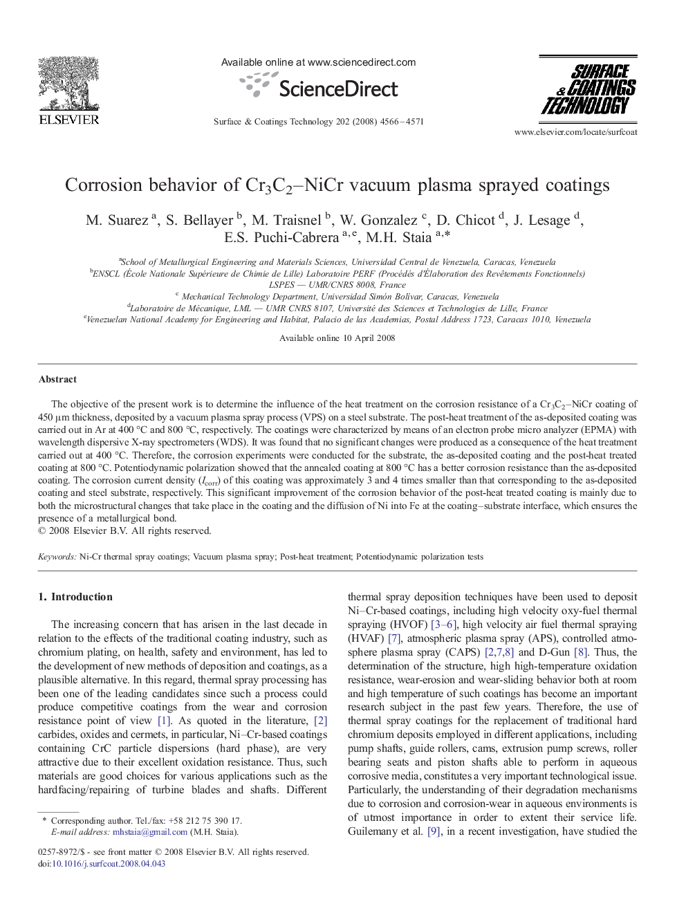 Corrosion behavior of Cr3C2–NiCr vacuum plasma sprayed coatings