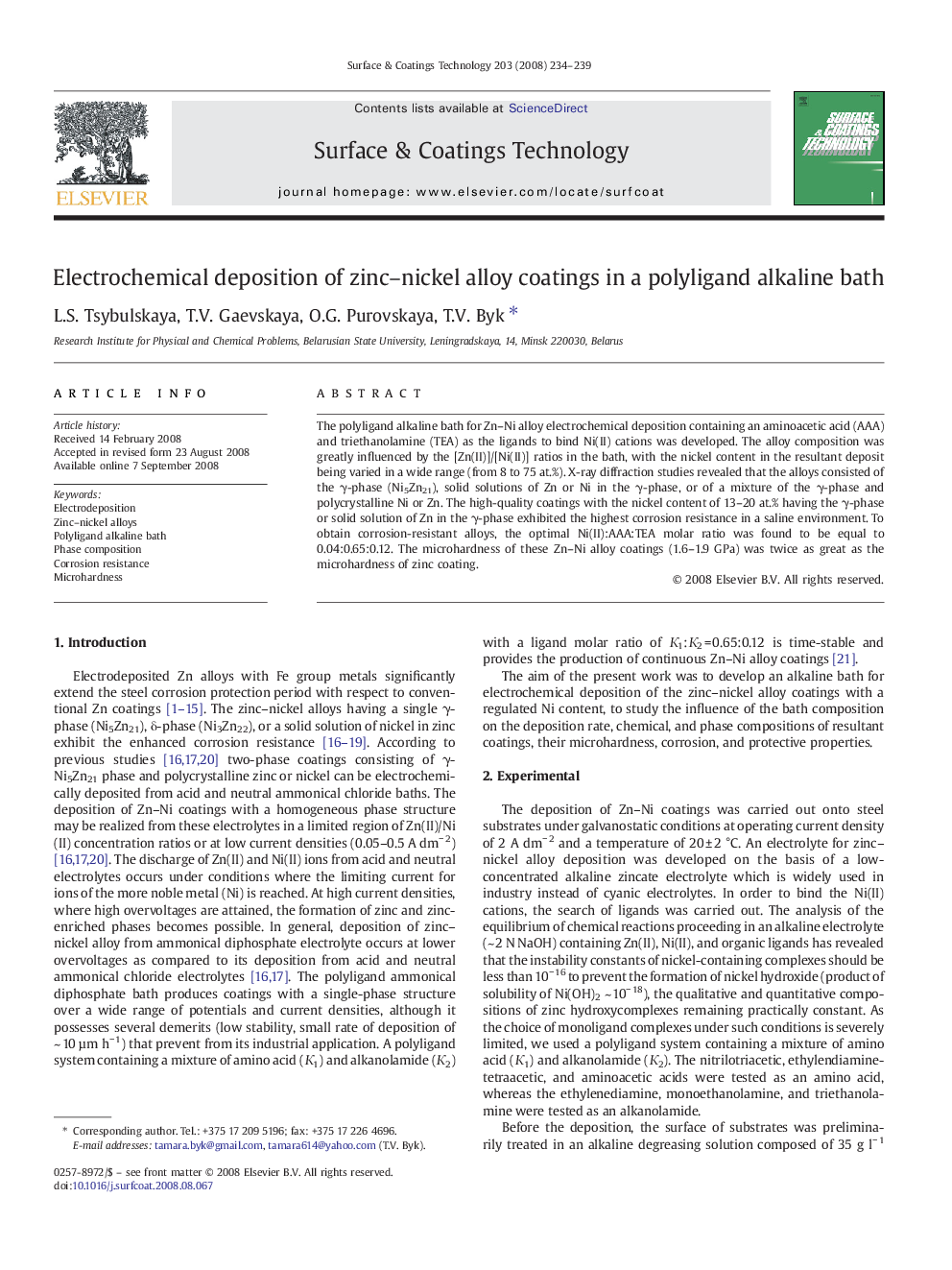 Electrochemical deposition of zinc–nickel alloy coatings in a polyligand alkaline bath