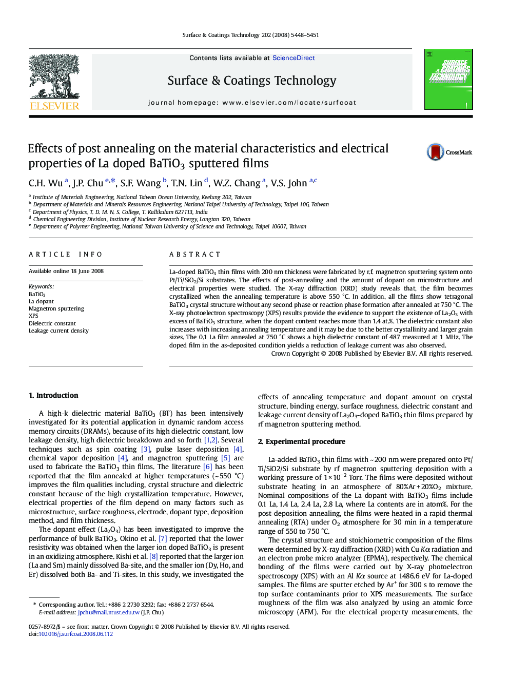 Effects of post annealing on the material characteristics and electrical properties of La doped BaTiO3 sputtered films