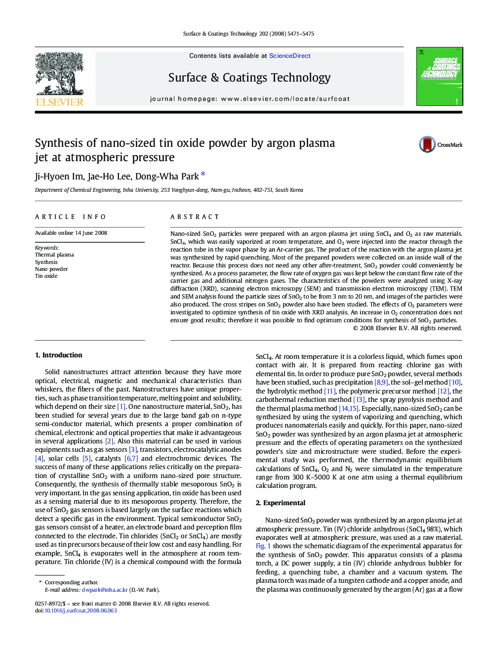 عکس صفحه اول مقاله: Synthesis of nano-sized tin oxide powder by argon plasma jet at atmospheric pressure Synthesis of nano-sized tin oxide powder by argon plasma jet at atmospheric pressure