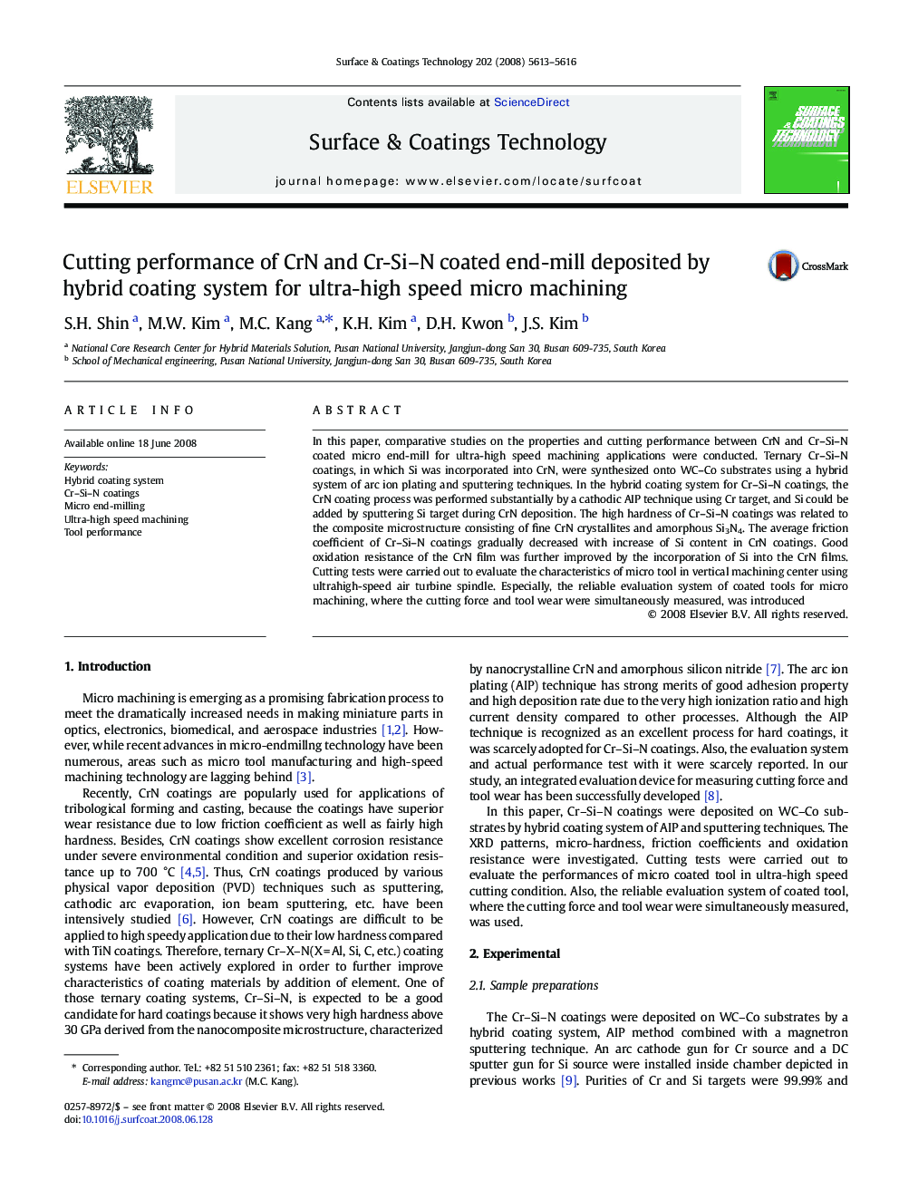 Cutting performance of CrN and Cr-Si–N coated end-mill deposited by hybrid coating system for ultra-high speed micro machining