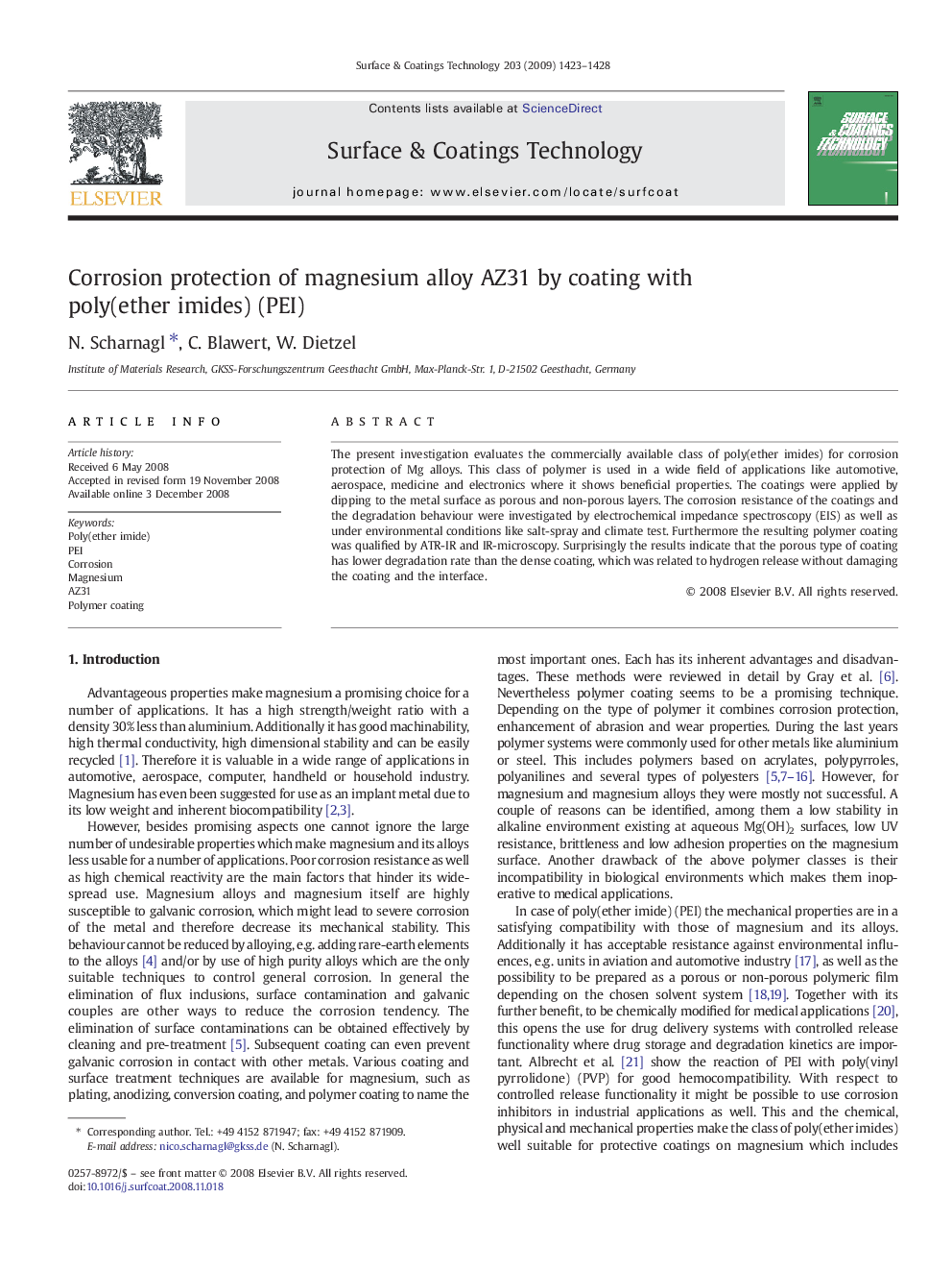 Corrosion protection of magnesium alloy AZ31 by coating with poly(ether imides) (PEI)