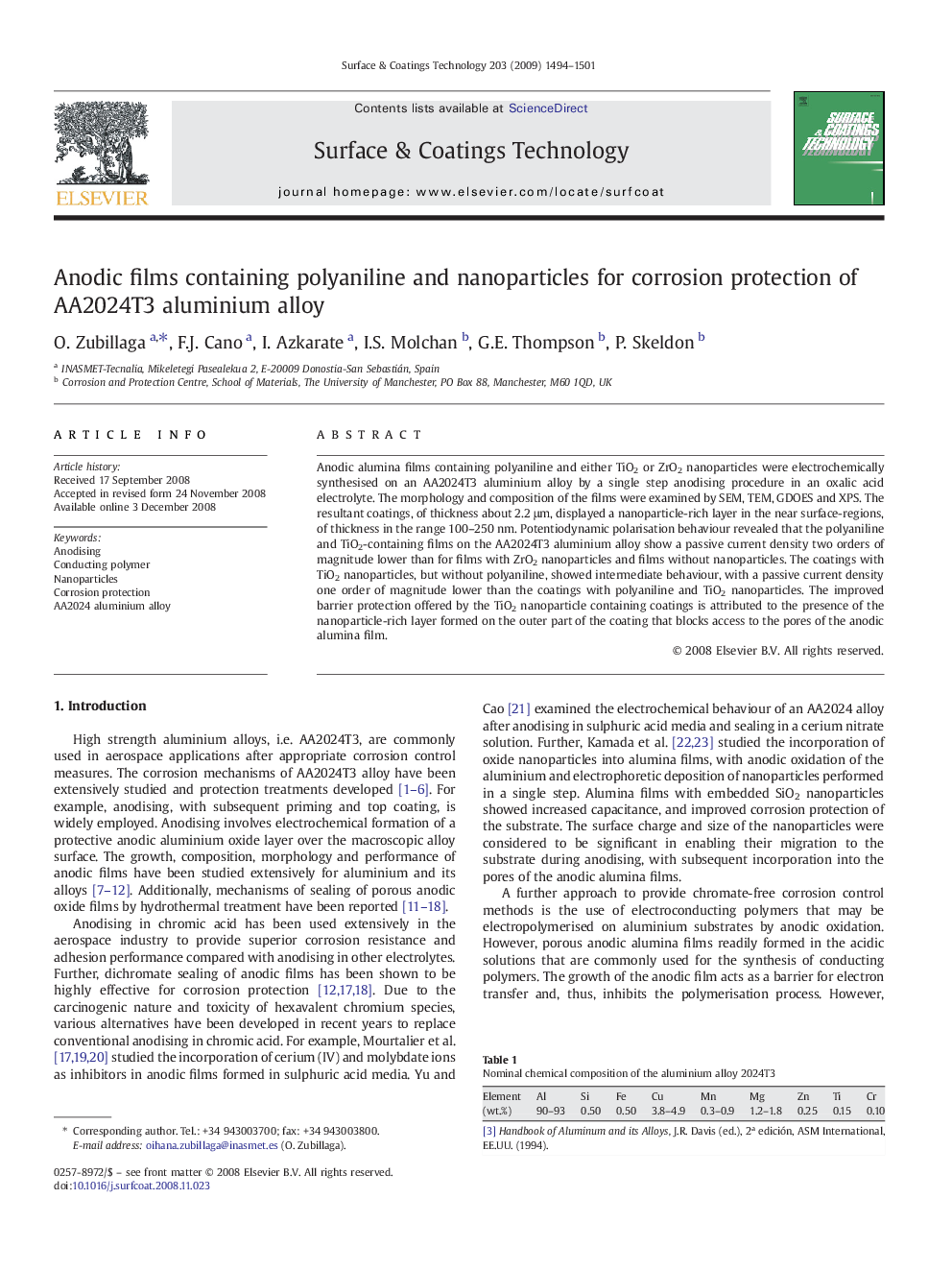 Anodic films containing polyaniline and nanoparticles for corrosion protection of AA2024T3 aluminium alloy