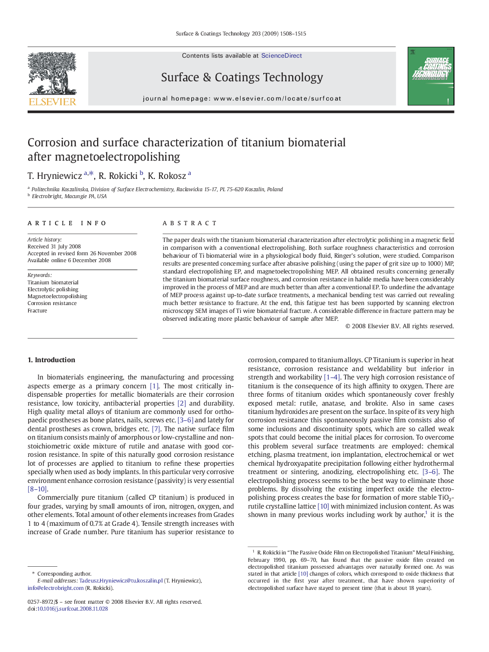 Corrosion and surface characterization of titanium biomaterial after magnetoelectropolishing