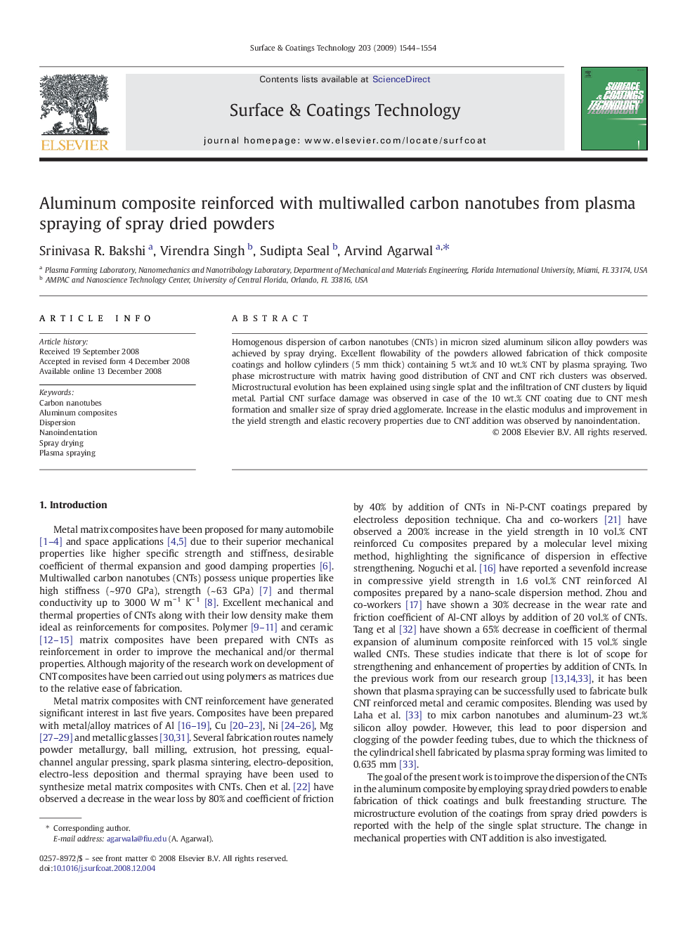 Aluminum composite reinforced with multiwalled carbon nanotubes from plasma spraying of spray dried powders