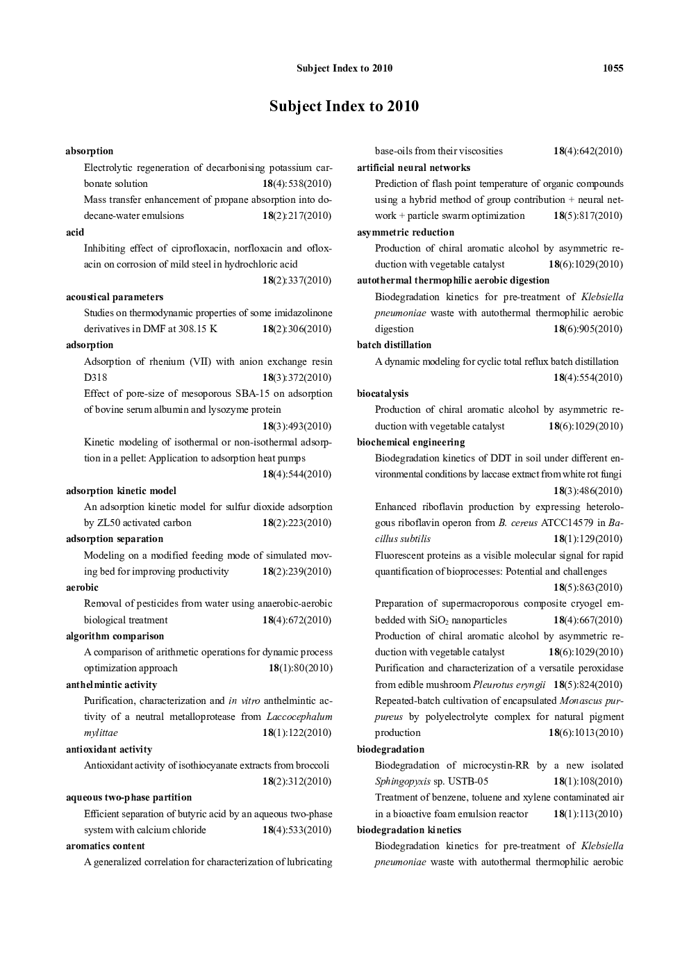 Subject Index to 2010