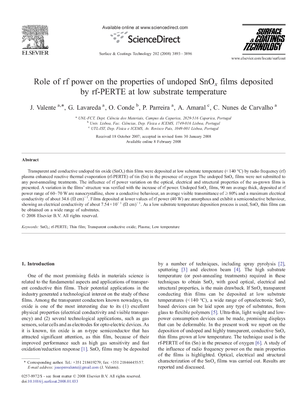 Role of rf power on the properties of undoped SnOx films deposited by rf-PERTE at low substrate temperature