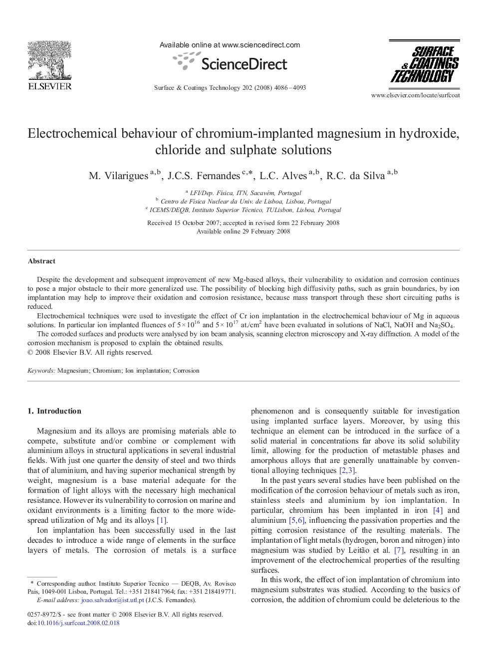 Electrochemical behaviour of chromium-implanted magnesium in hydroxide, chloride and sulphate solutions