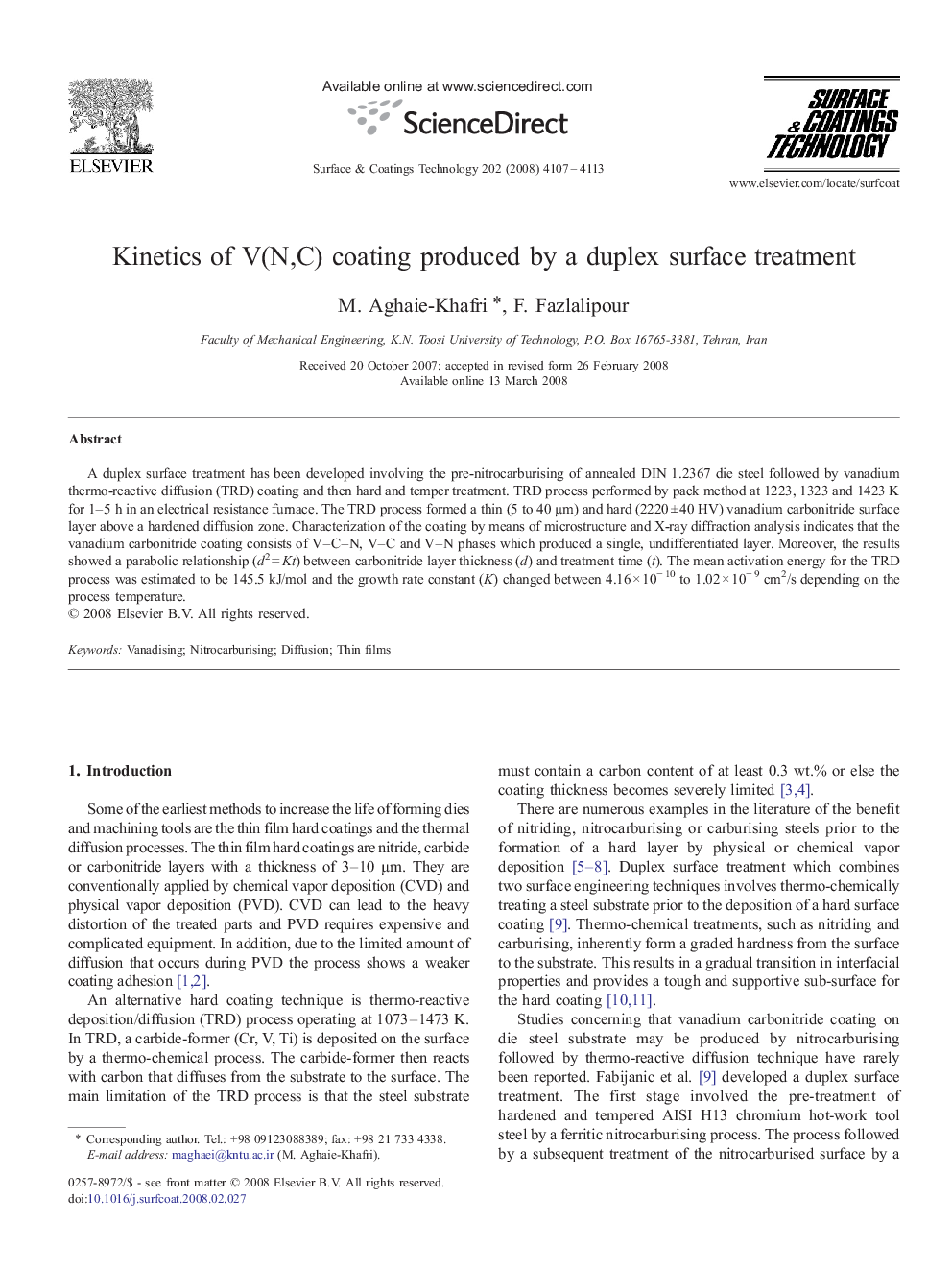 Kinetics of V(N,C) coating produced by a duplex surface treatment