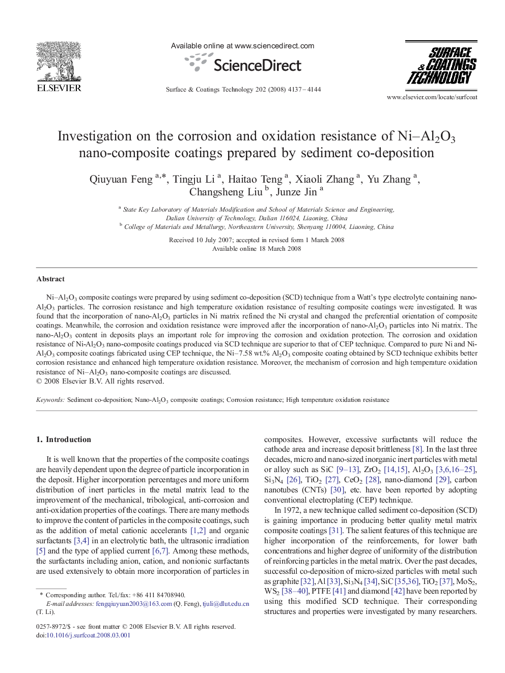 Investigation on the corrosion and oxidation resistance of Ni–Al2O3 nano-composite coatings prepared by sediment co-deposition