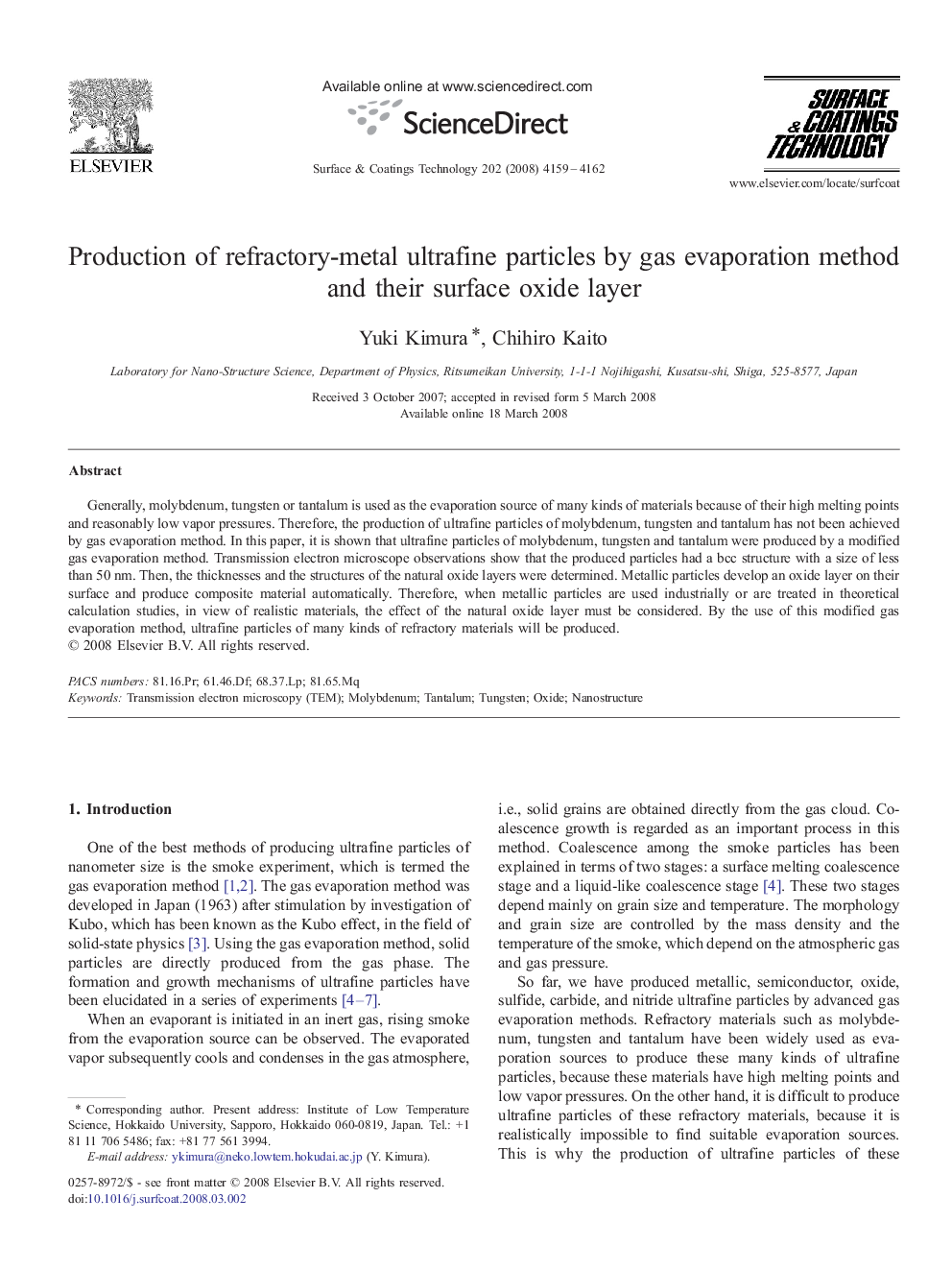 Production of refractory-metal ultrafine particles by gas evaporation method and their surface oxide layer