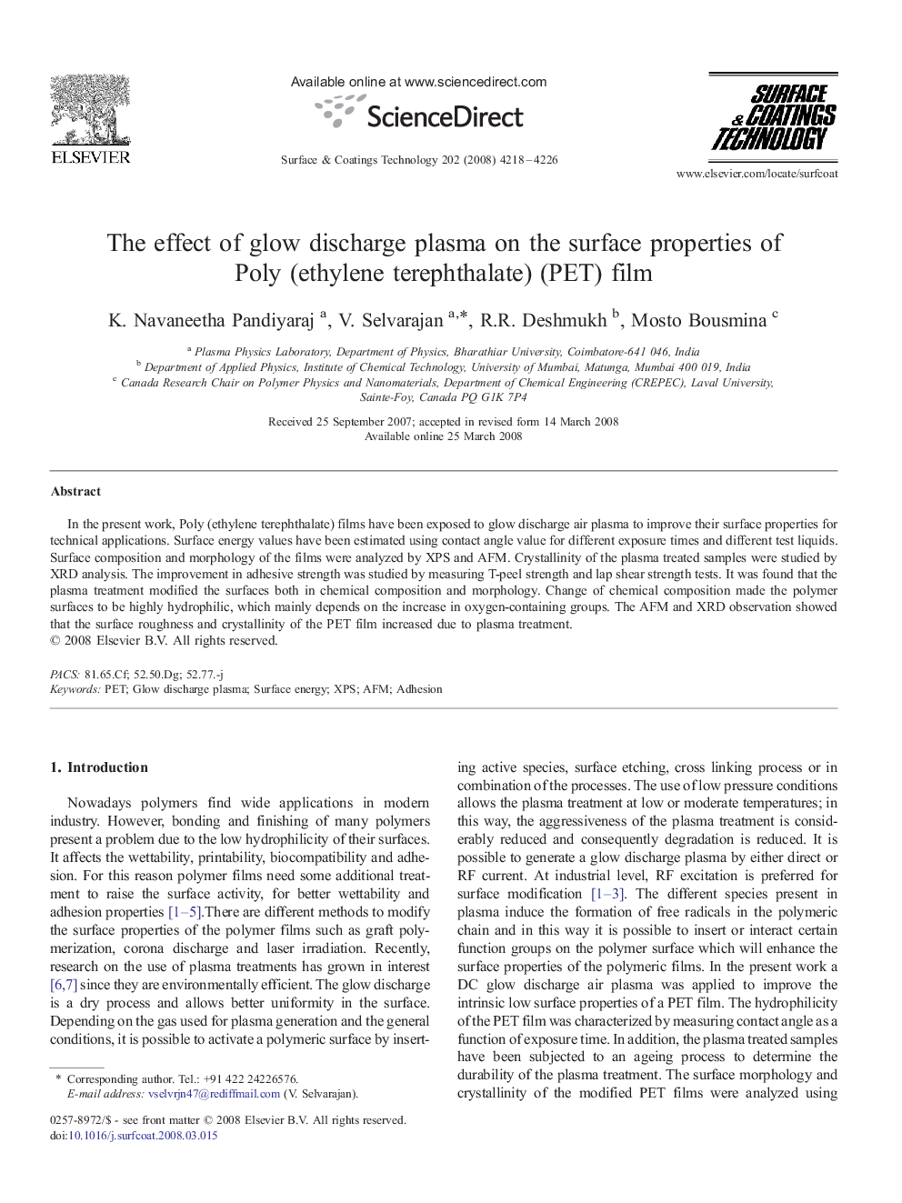 The effect of glow discharge plasma on the surface properties of Poly (ethylene terephthalate) (PET) film