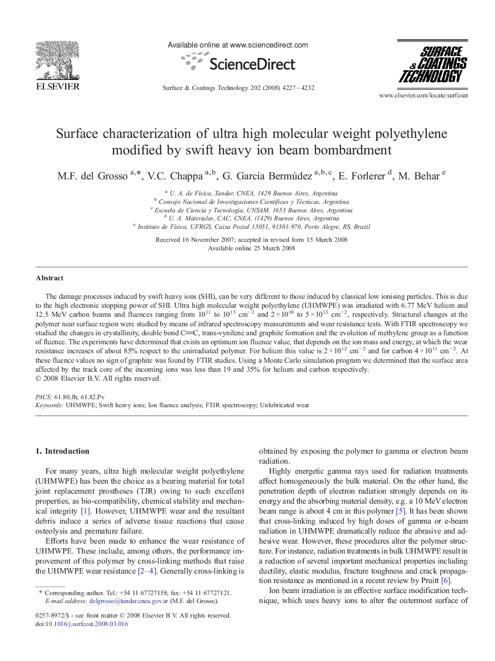 Surface characterization of ultra high molecular weight polyethylene modified by swift heavy ion beam bombardment