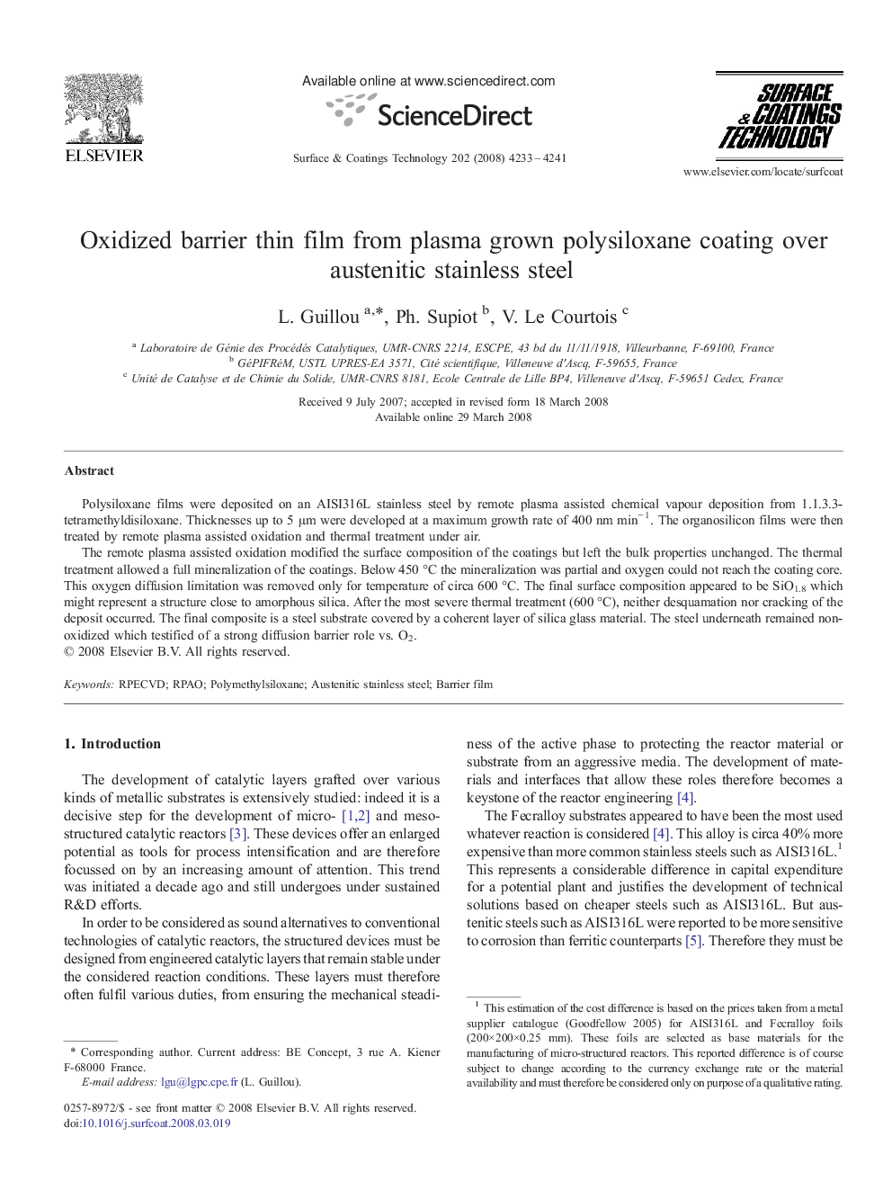 Oxidized barrier thin film from plasma grown polysiloxane coating over austenitic stainless steel