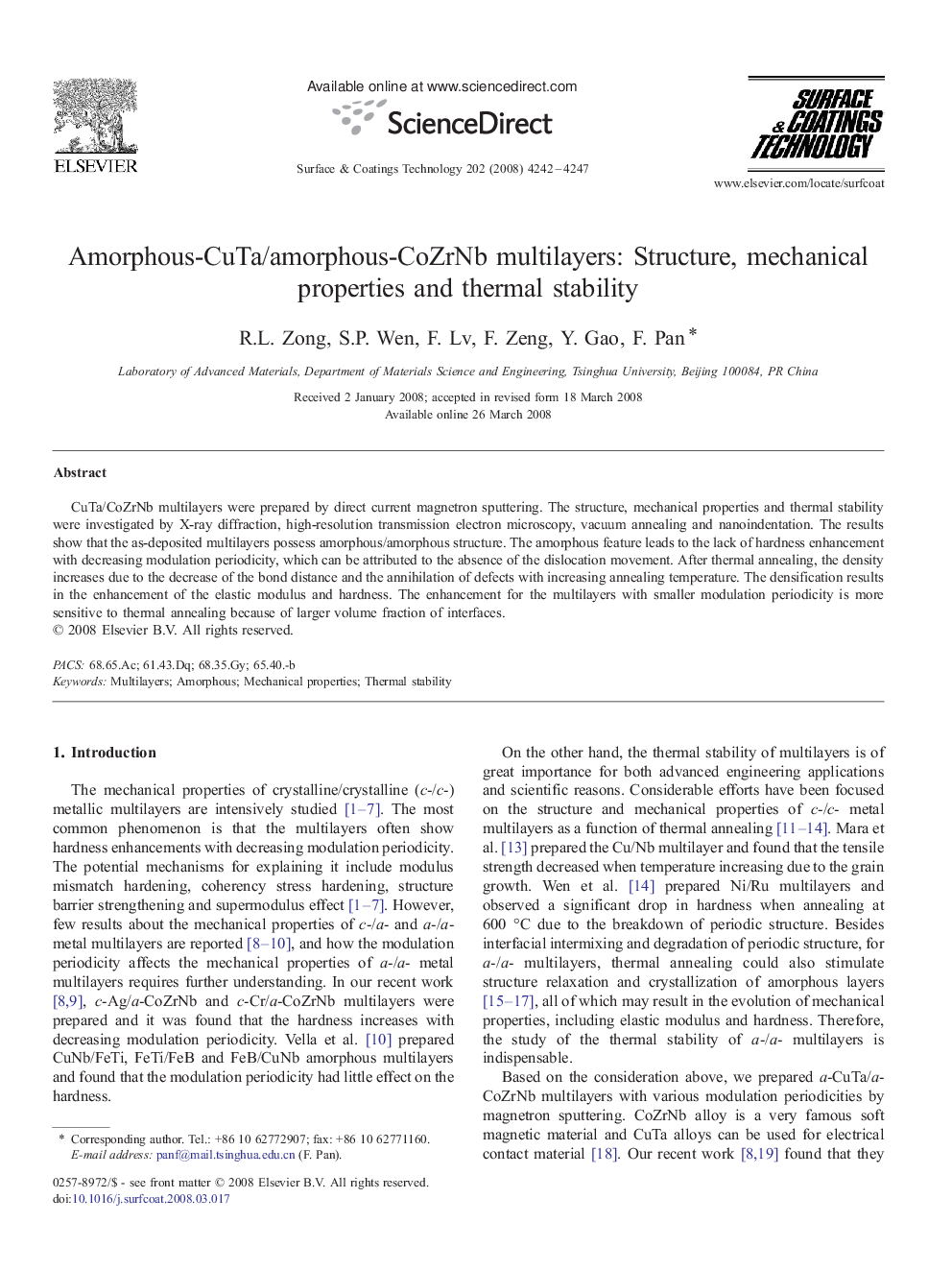 Amorphous-CuTa/amorphous-CoZrNb multilayers: Structure, mechanical properties and thermal stability