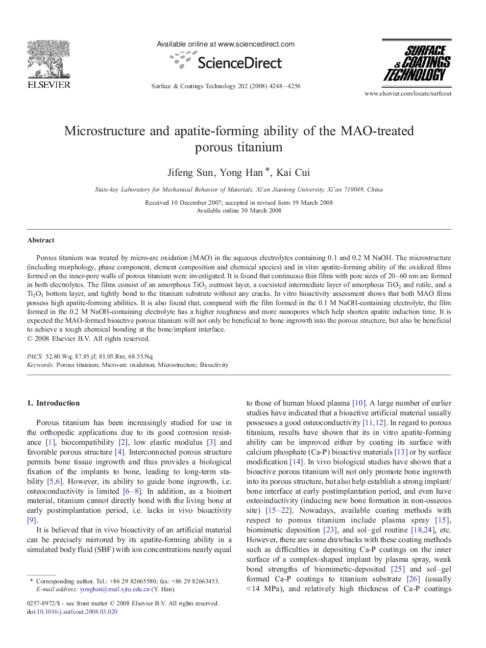 Microstructure and apatite-forming ability of the MAO-treated porous titanium