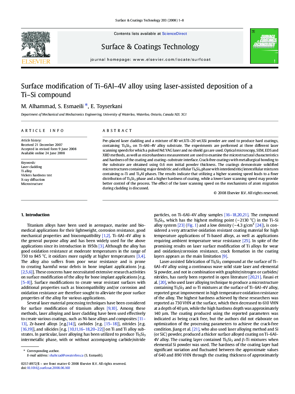 Surface modification of Ti-6Al-4V alloy using laser-assisted deposition of a Ti-Si compound