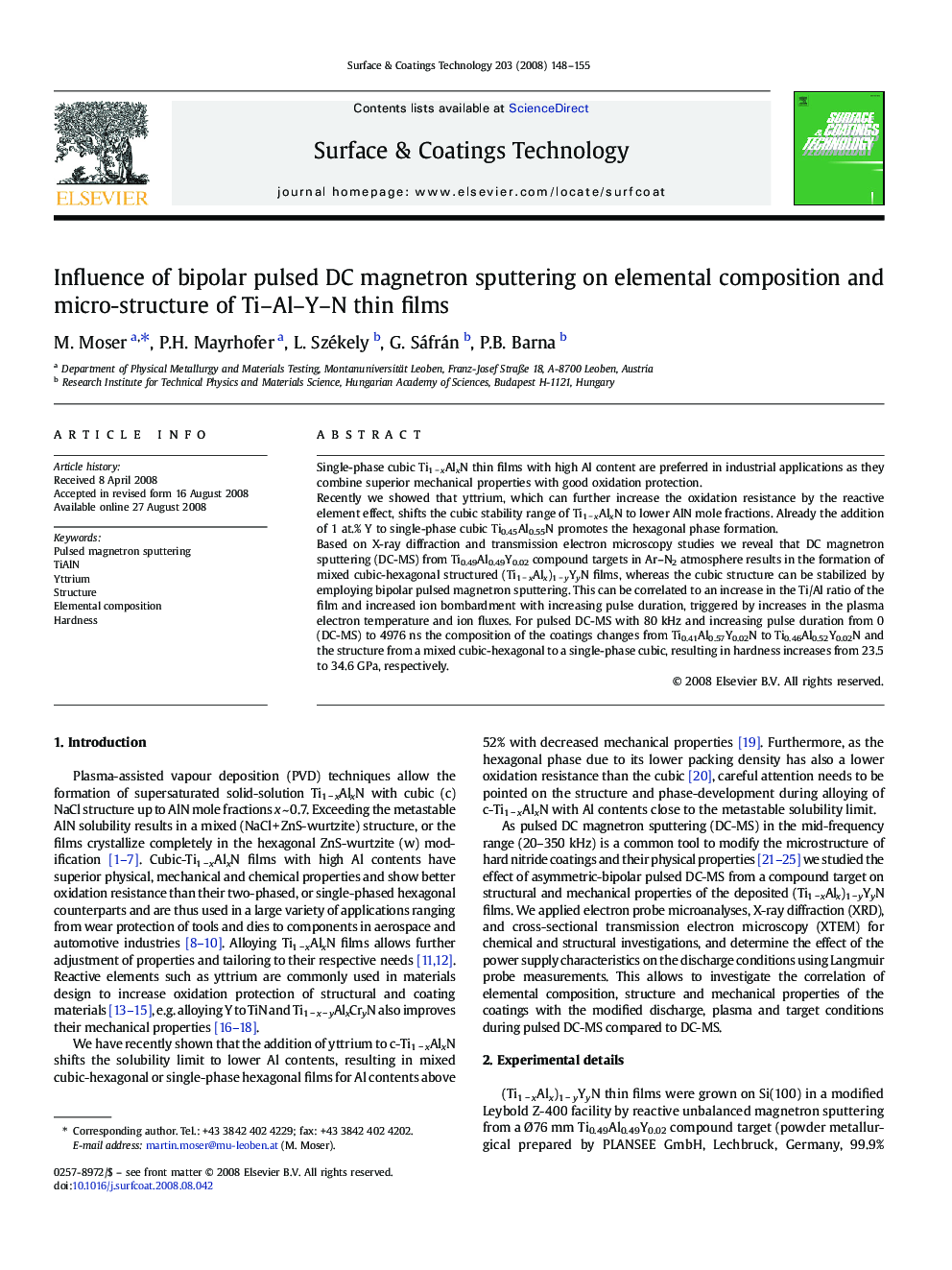 Influence of bipolar pulsed DC magnetron sputtering on elemental composition and micro-structure of Ti-Al-Y-N thin films