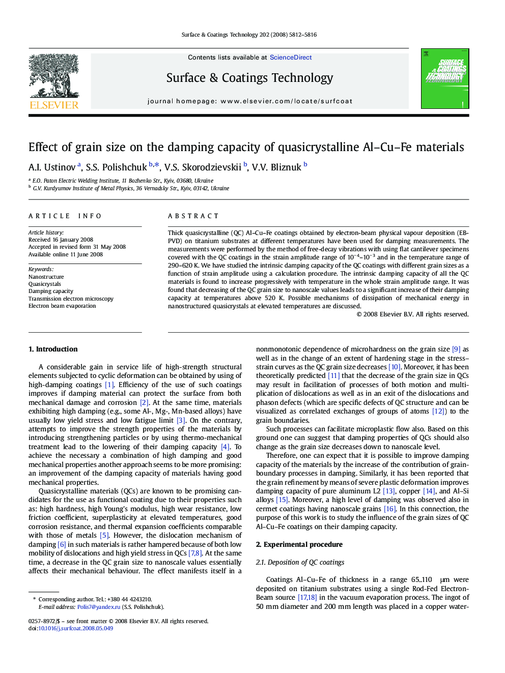 Effect of grain size on the damping capacity of quasicrystalline Al–Cu–Fe materials
