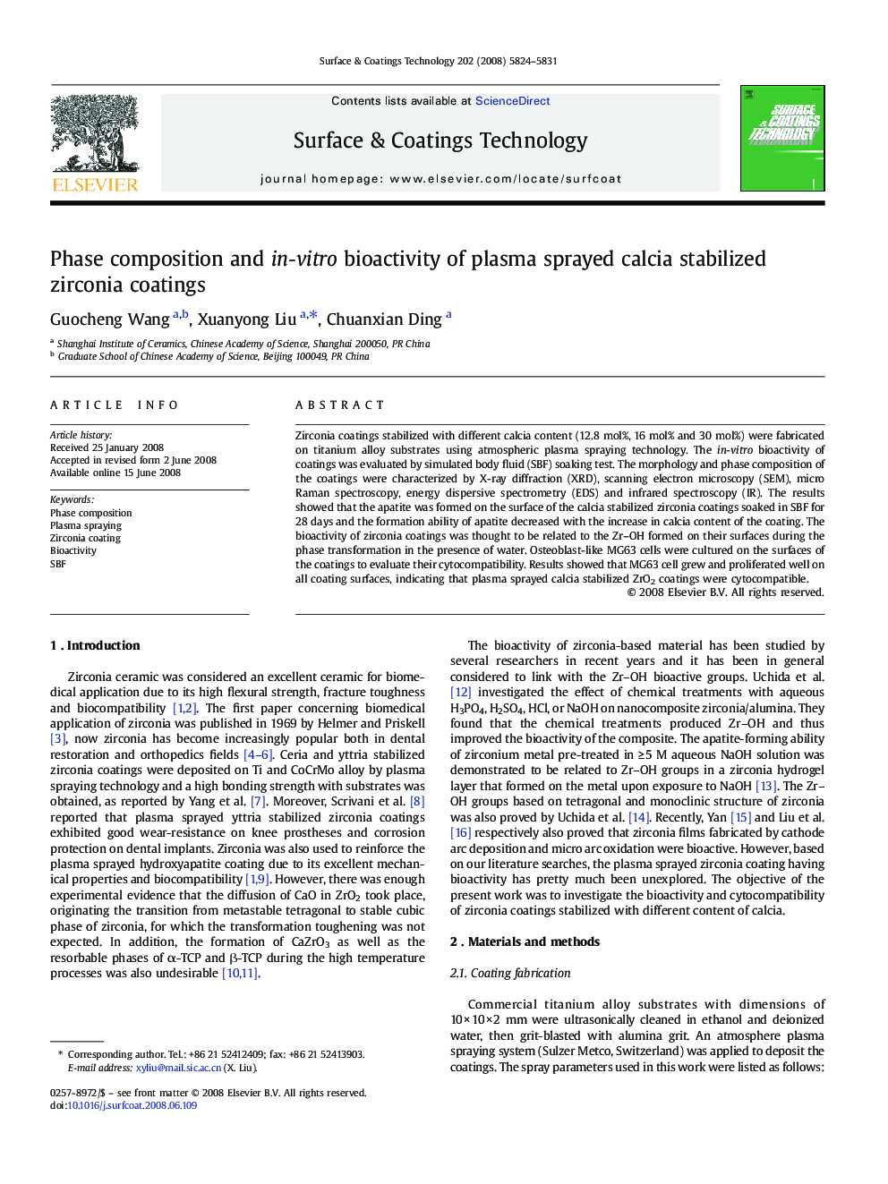 Phase composition and in-vitro bioactivity of plasma sprayed calcia stabilized zirconia coatings