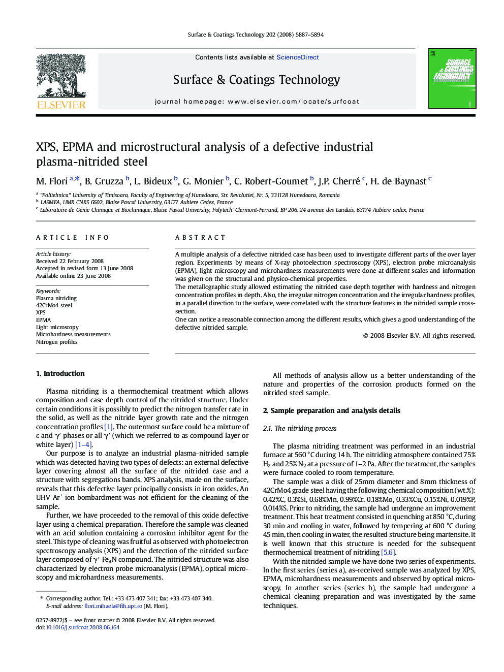 XPS, EPMA and microstructural analysis of a defective industrial plasma-nitrided steel