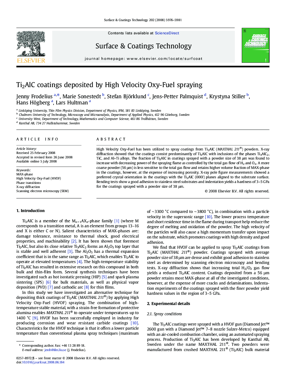 Ti2AlC coatings deposited by High Velocity Oxy-Fuel spraying