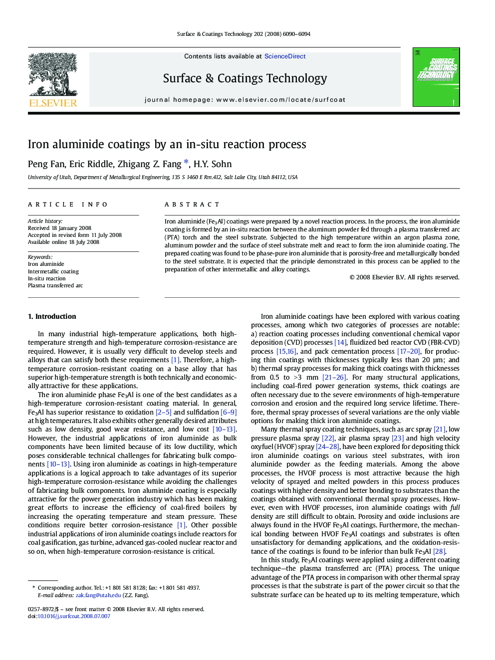 Iron aluminide coatings by an in-situ reaction process