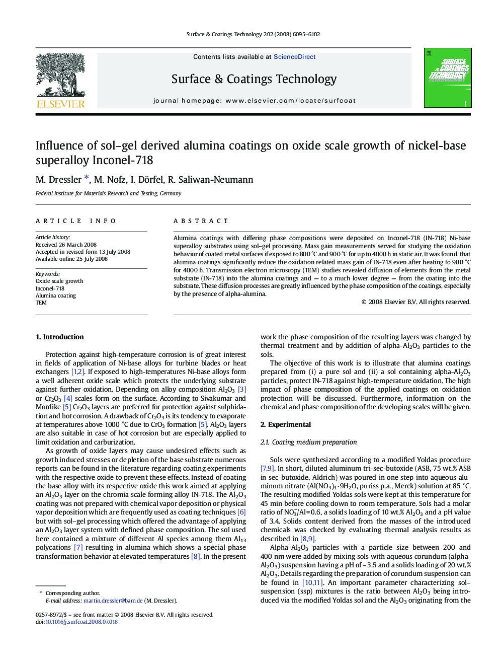 Influence of sol-gel derived alumina coatings on oxide scale growth of nickel-base superalloy Inconel-718