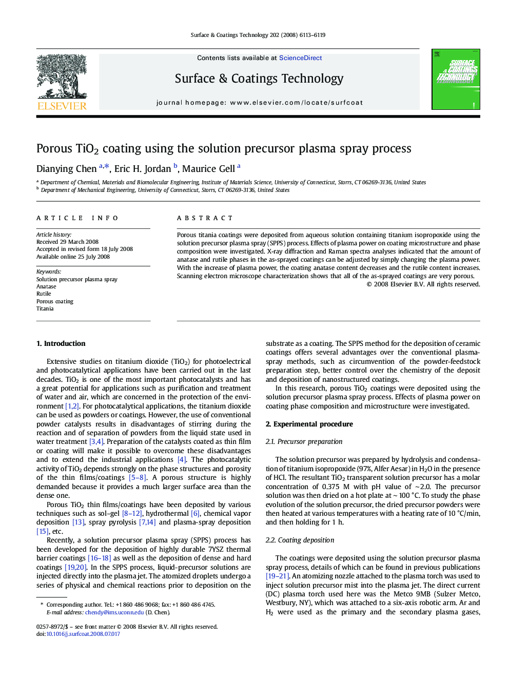 Porous TiO2 coating using the solution precursor plasma spray process