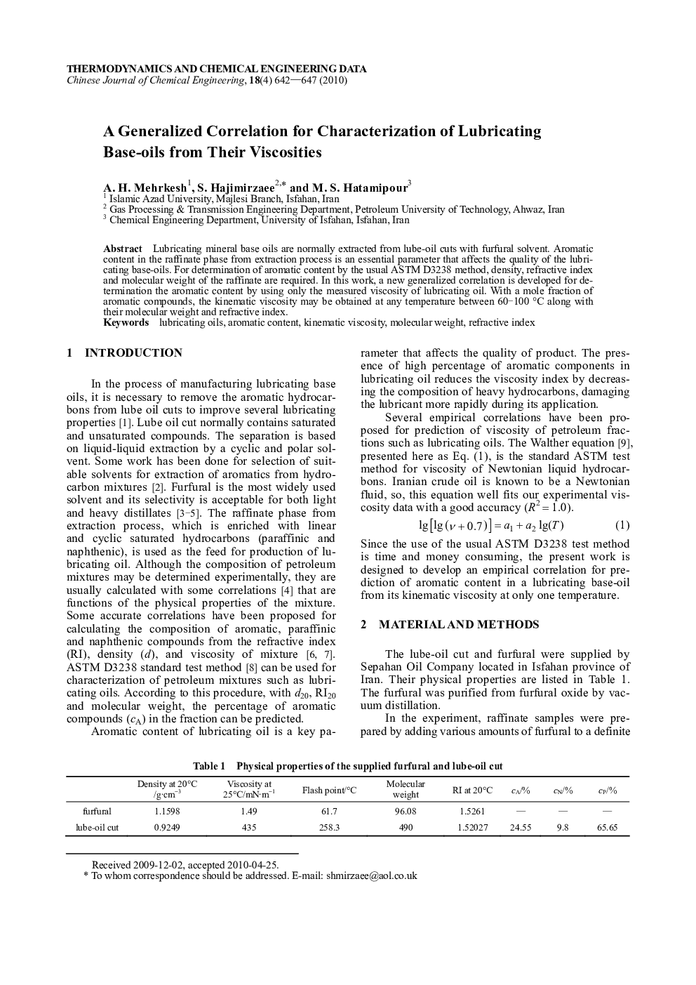 A Generalized Correlation for Characterization of Lubricating Base-oils from Their Viscosities