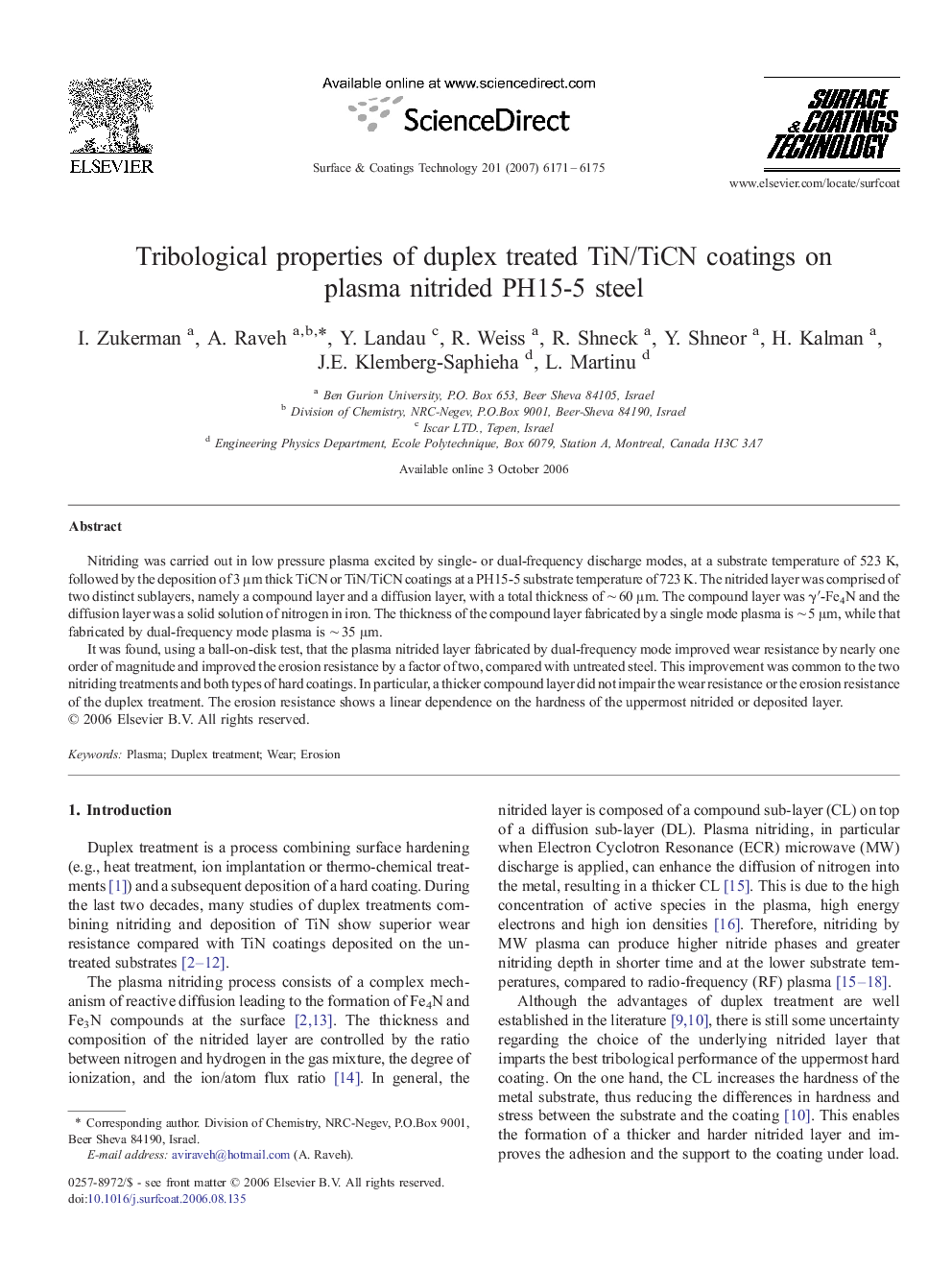 Tribological properties of duplex treated TiN/TiCN coatings on plasma nitrided PH15-5 steel