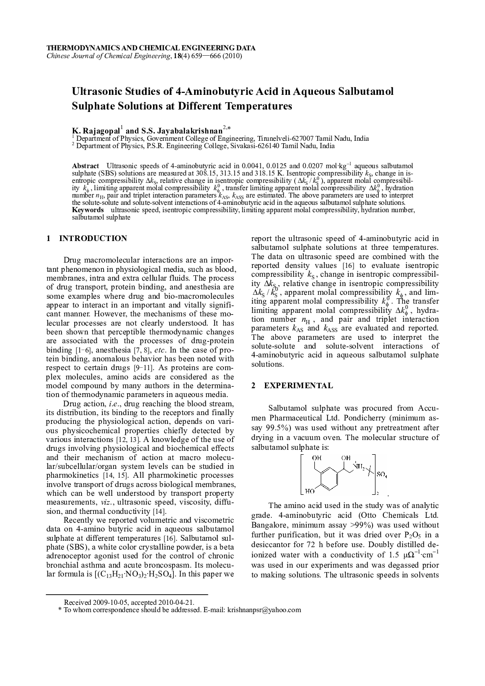 Ultrasonic Studies of 4-Aminobutyric Acid in Aqueous Salbutamol Sulphate Solutions at Different Temperatures
