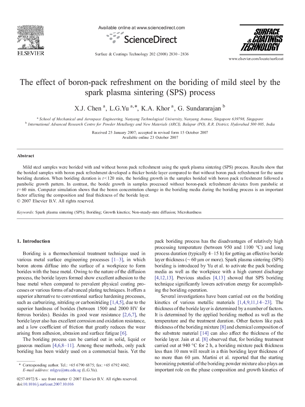 عکس صفحه اول مقاله: The effect of boron-pack refreshment on the boriding of mild steel by the spark plasma sintering (SPS) process The effect of boron-pack refreshment on the boriding of mild steel by the spark plasma sintering (SPS) process