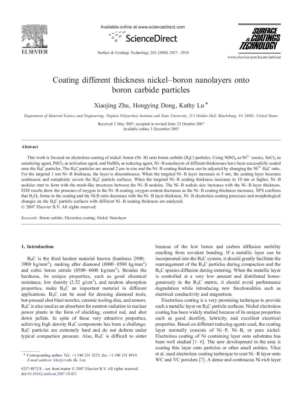 Coating different thickness nickel–boron nanolayers onto boron carbide particles