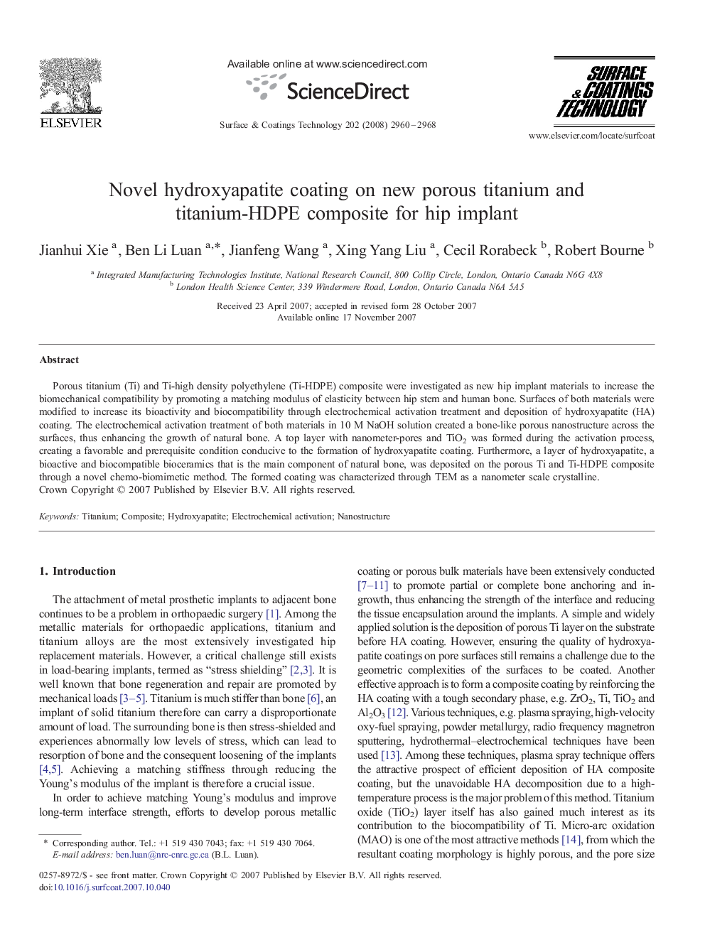 Novel hydroxyapatite coating on new porous titanium and titanium-HDPE composite for hip implant