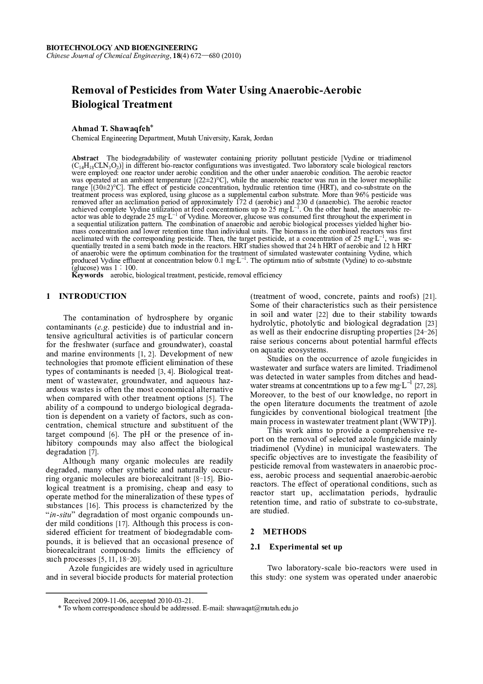 Removal of Pesticides from Water Using Anaerobic-Aerobic Biological Treatment