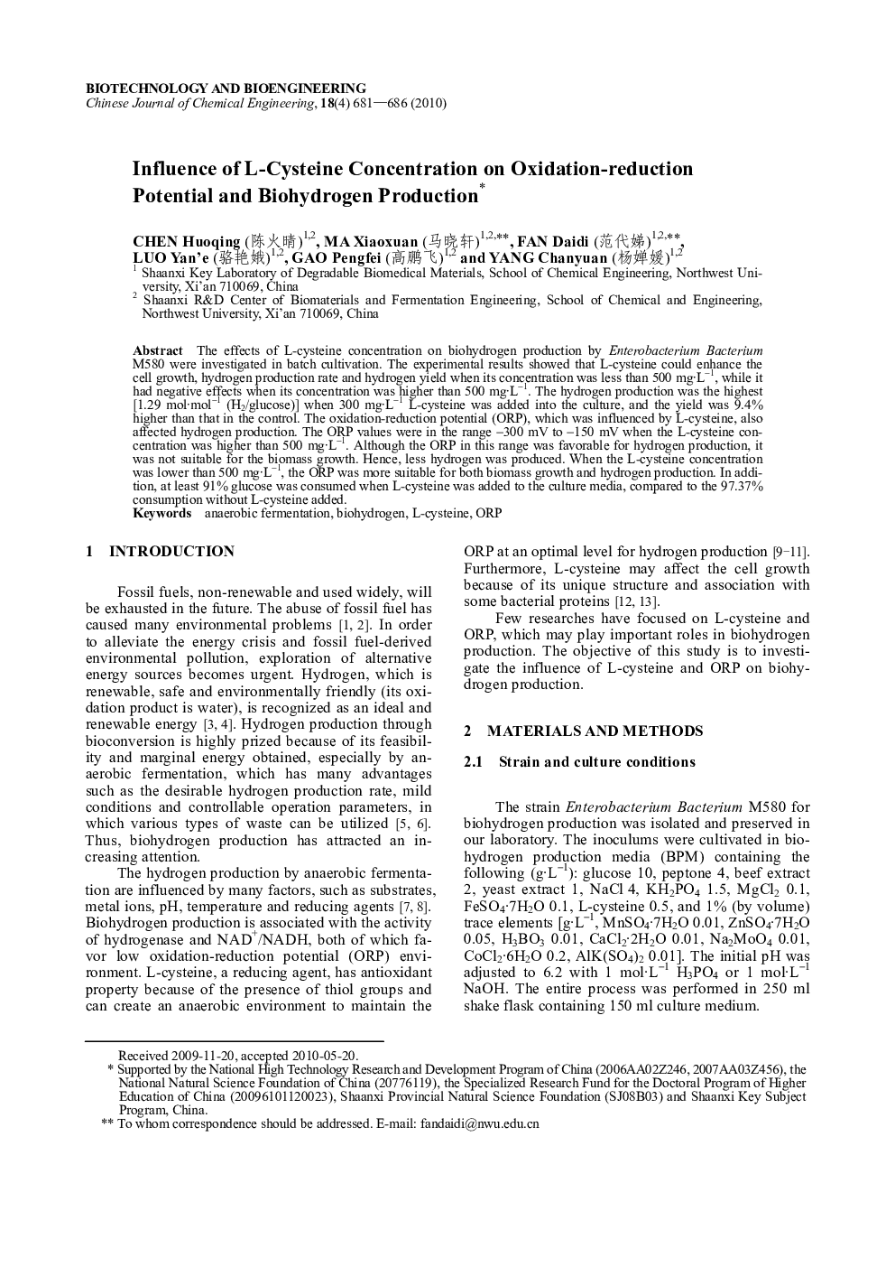 Influence of L-Cysteine Concentration on Oxidation-reduction Potential and Biohydrogen Production 