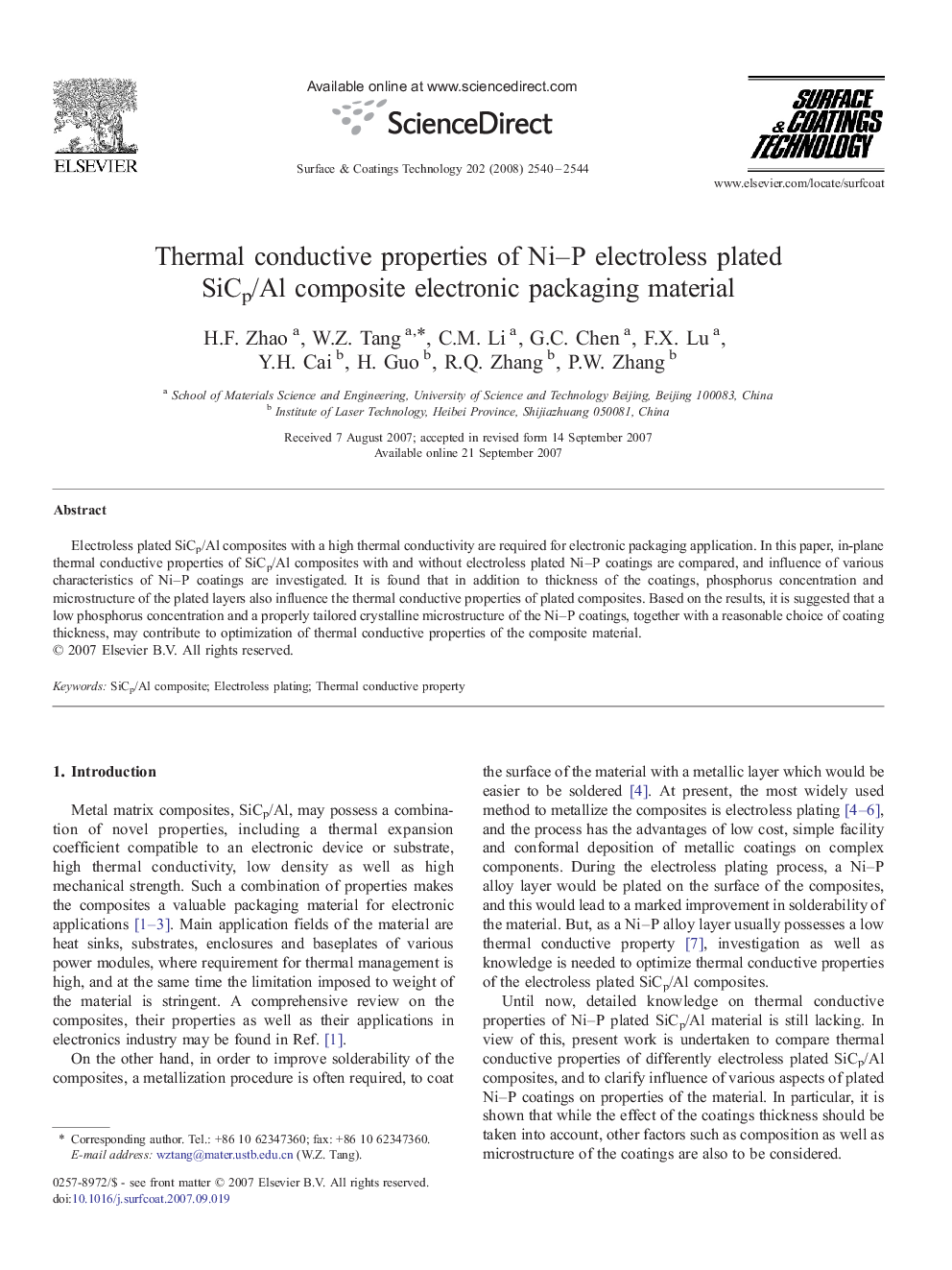 Thermal conductive properties of Ni–P electroless plated SiCp/Al composite electronic packaging material