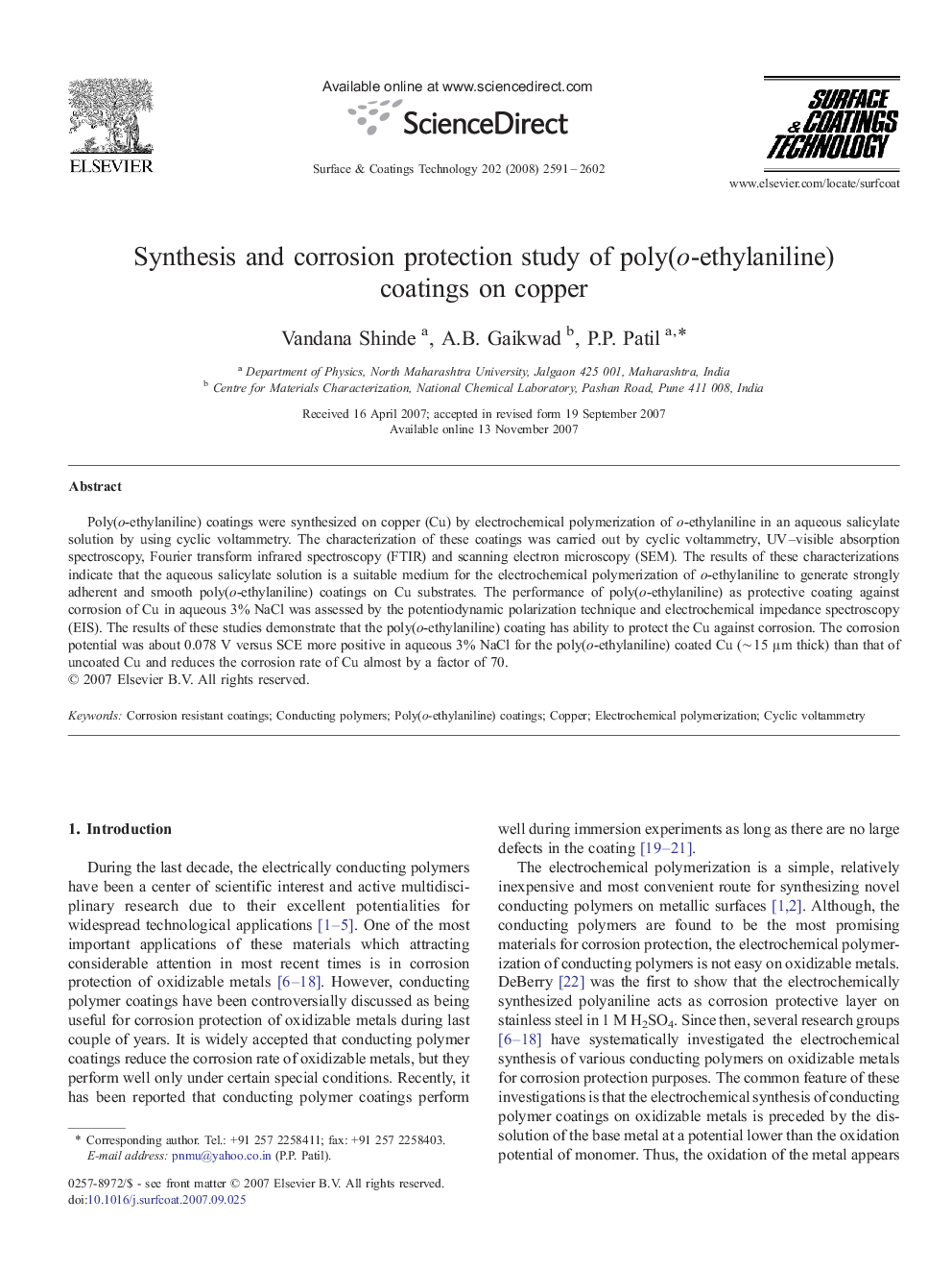 Synthesis and corrosion protection study of poly(o-ethylaniline) coatings on copper