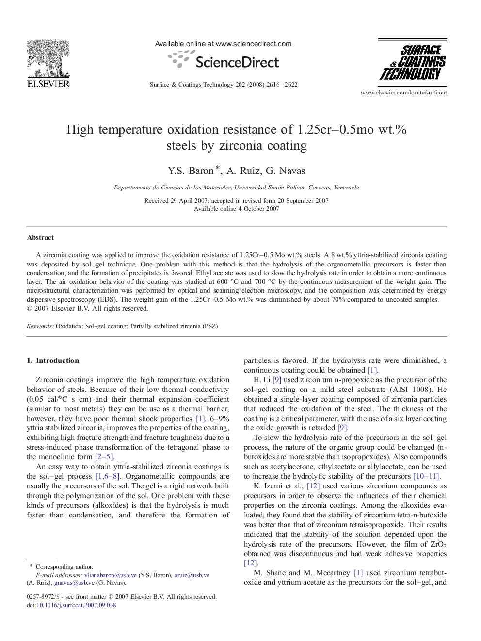 High temperature oxidation resistance of 1.25cr-0.5moÂ wt.% steels by zirconia coating