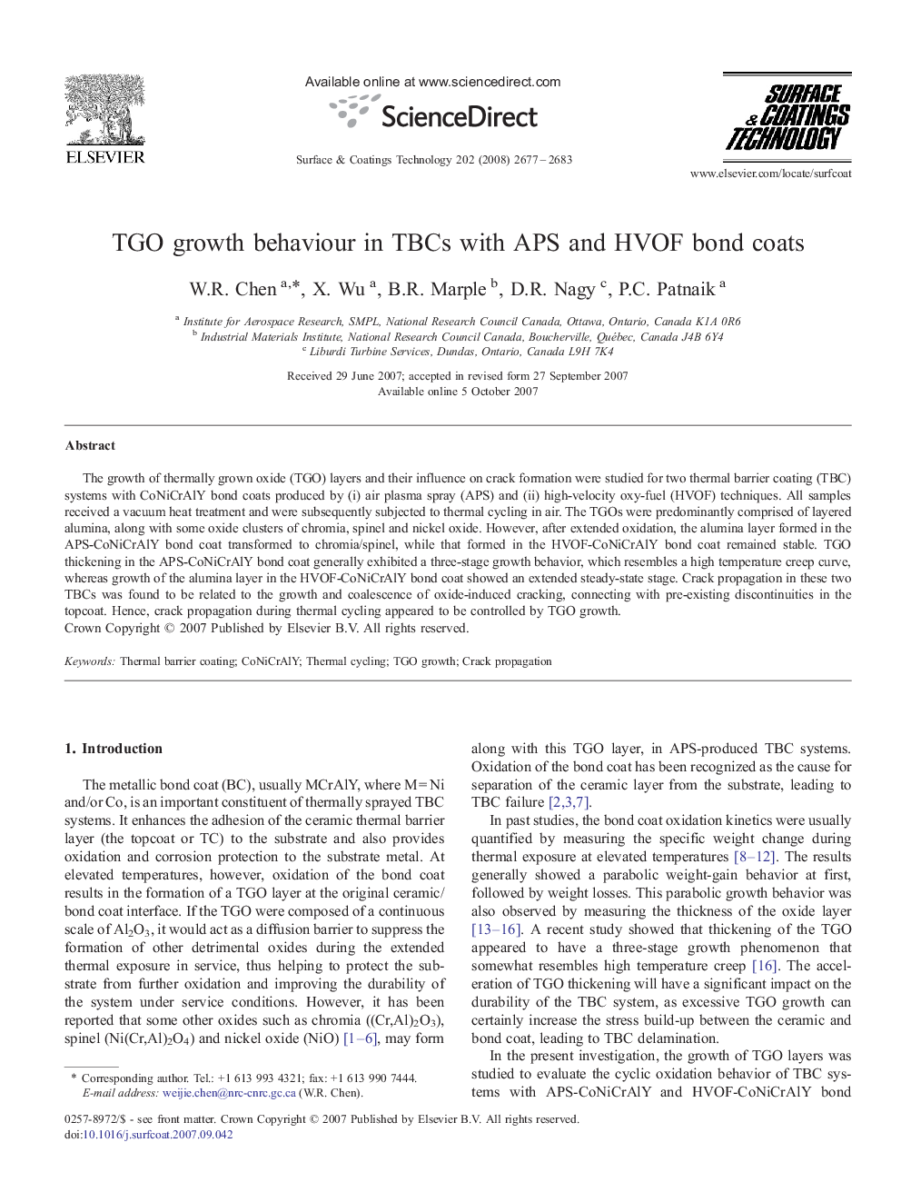 TGO growth behaviour in TBCs with APS and HVOF bond coats