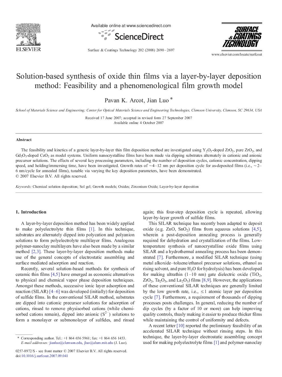 Solution-based synthesis of oxide thin films via a layer-by-layer deposition method: Feasibility and a phenomenological film growth model