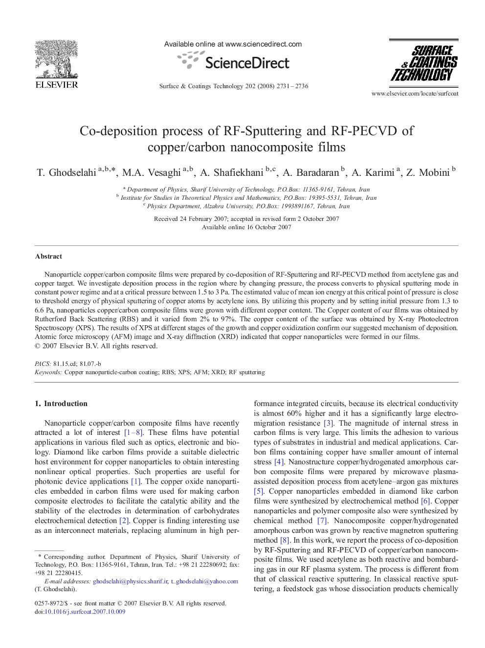 Co-deposition process of RF-Sputtering and RF-PECVD of copper/carbon nanocomposite films