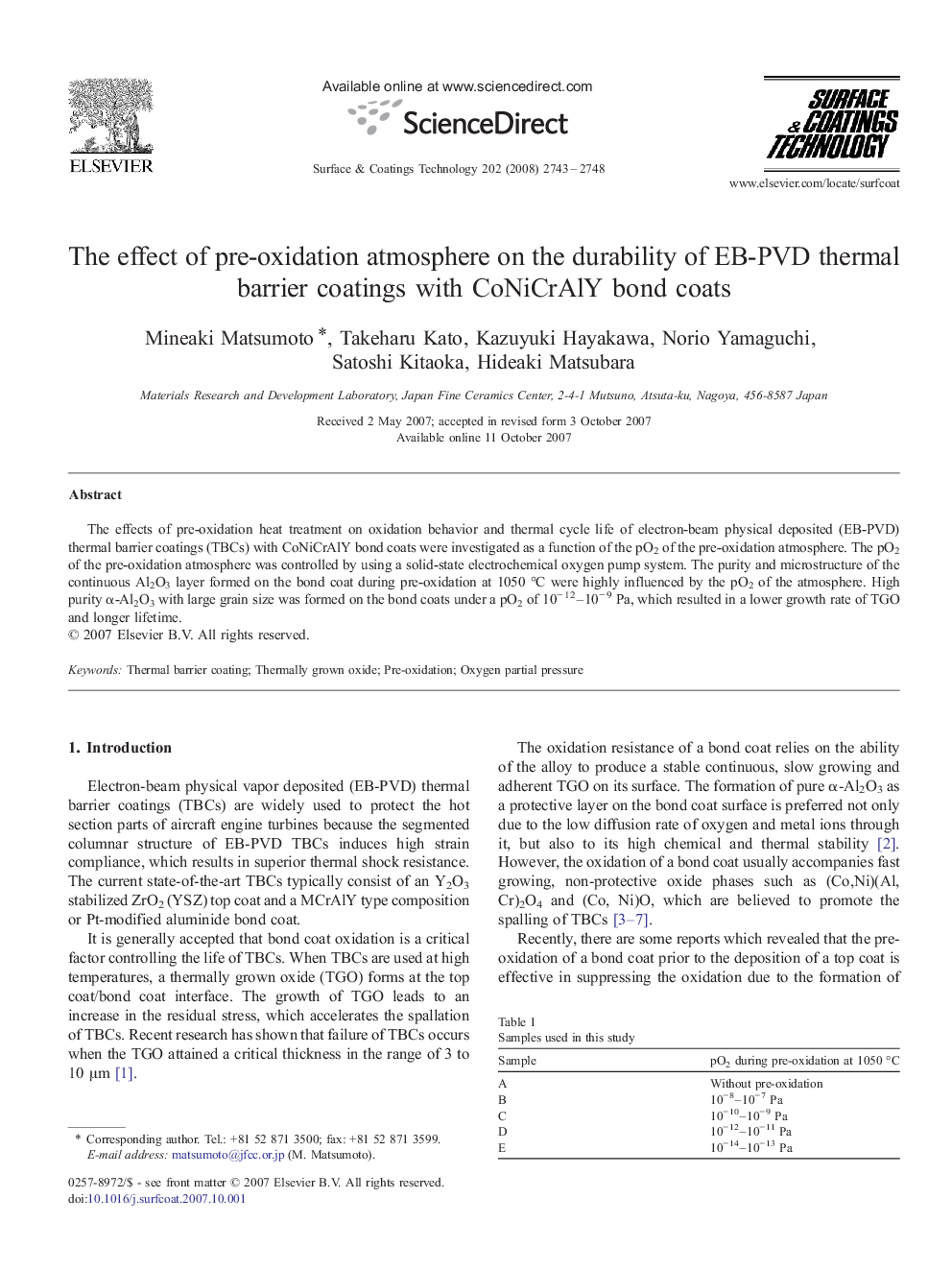 The effect of pre-oxidation atmosphere on the durability of EB-PVD thermal barrier coatings with CoNiCrAlY bond coats